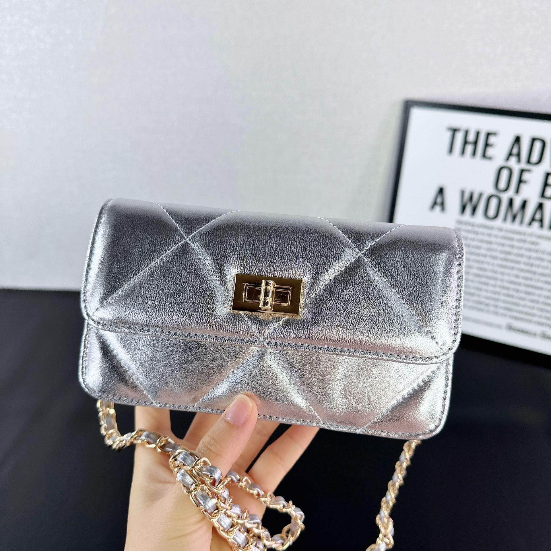 

Mini sheepskin rhombus chain mobile phone bag high-end leather small square bag single shoulder crossbody change bag female 16cm срібний