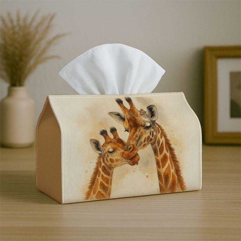 2D Flat, 1pc 2D Flat Style Art Wildlife Design Tissue Box Cover, Giraffe Double Pattern Warm-Toned Tissue Box, Multi-Functional Tissue Box for Home, C