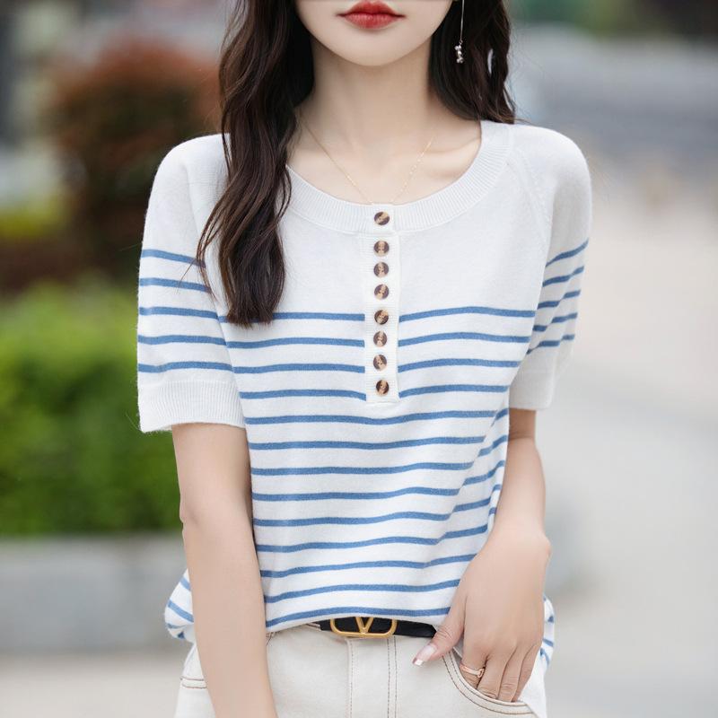 Summer fashion loose striped short-sleeved T-shirt women's contrasting color half-open neck knitted half-sleeved women's top