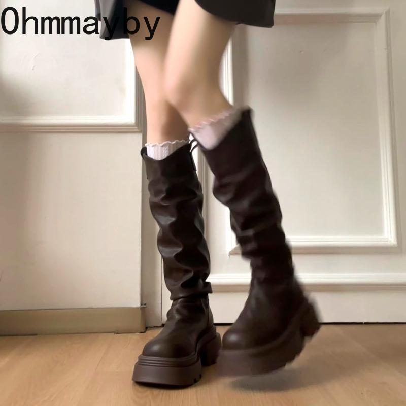Autumn Winter Platform Thick Bottom Women Long Boots Fashion Slip On Shoes Vintage Ladies Knight Botas