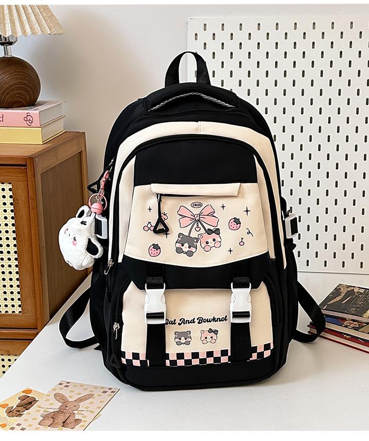Schoolbag: Korean style cherry blossom peach pink with creamy strawberry kitten, academy style, multi-layered backpack for middle and high school