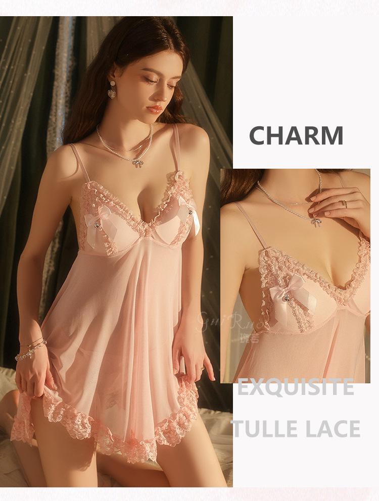 Rose Desire Lace Deep V Plus Size Dress Set with Bow and Removable Bra Pads (P5768)