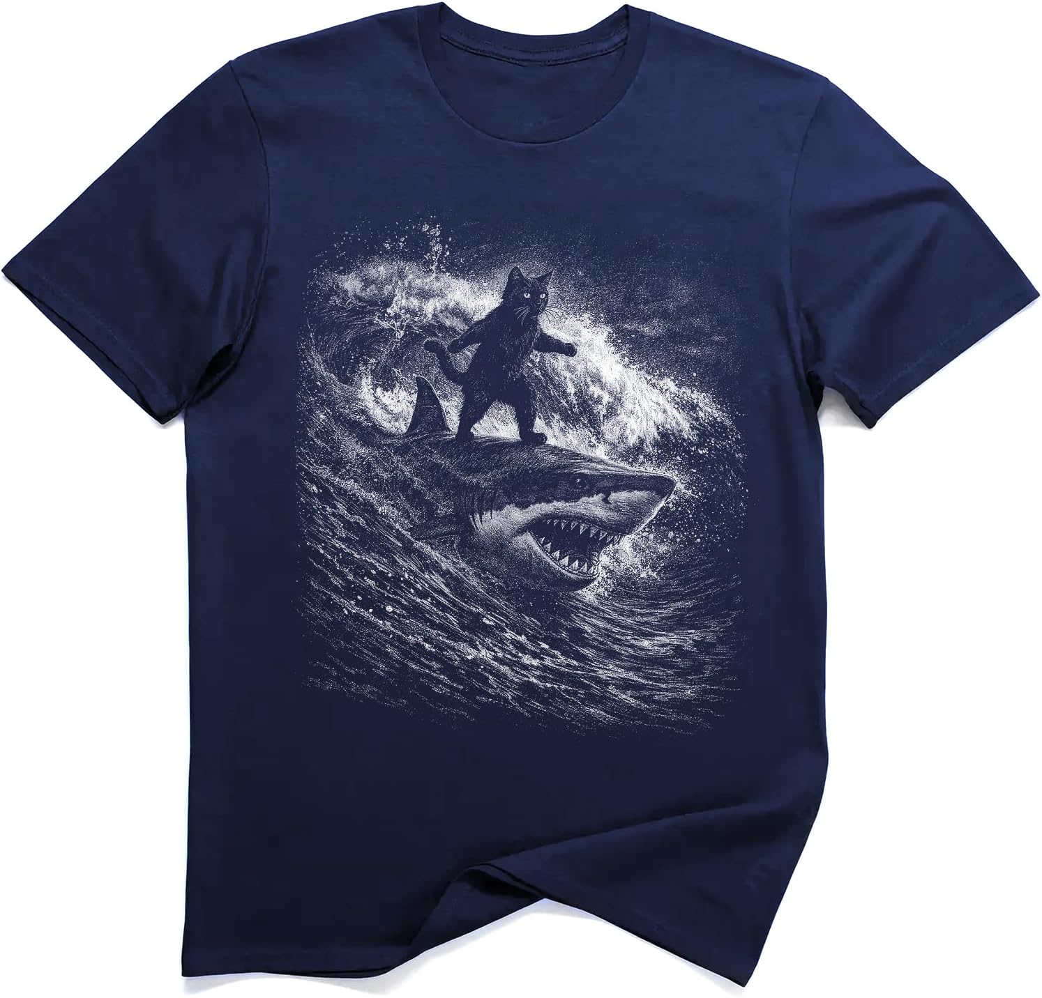 Black Cat Surfing Shark Funny Graphic T-Shirt S разноцветный
