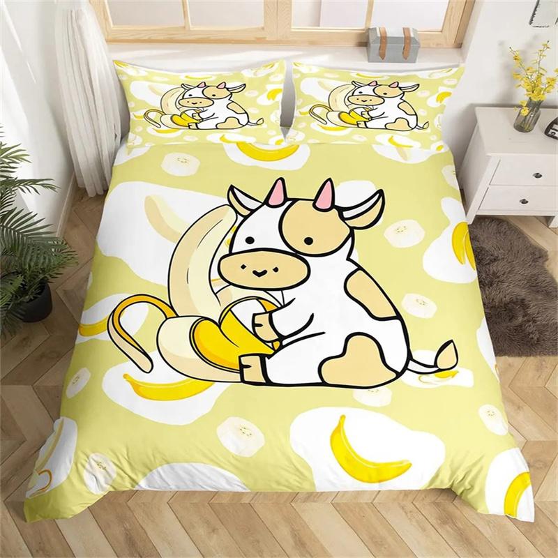 Süt İneği Turuncu Desenli Nevresim Kılıfı İnek Portakal Tutan Çizgi Film Meyve Hayvan Çocuk Kız Beyaz Polyester Yorgan Kılıfı Yatak Odası Dekoru