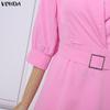 VONDA S-5XL Women V Neck 3/4 Sleeve Slim Waist Elegnat Casual Maxi Dress