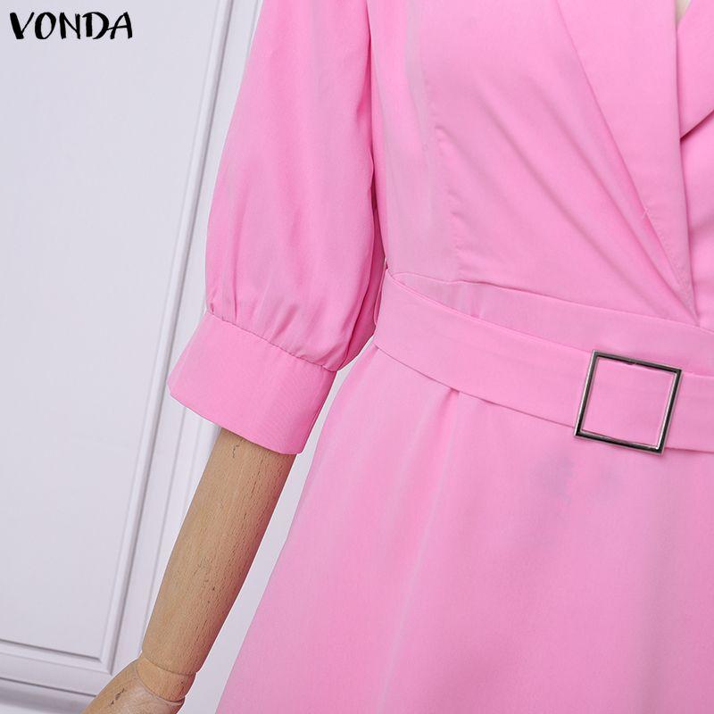 VONDA S-5XL Women V Neck 3/4 Sleeve Slim Waist Elegnat Casual Maxi Dress