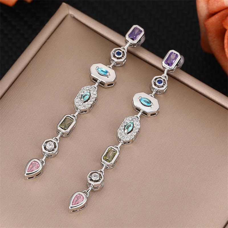 

Light Luxury Colorful Zircon Water Drops Long Tassel Earrings for Women Geometric Splicing Dangle Earrings Wedding Jewelry