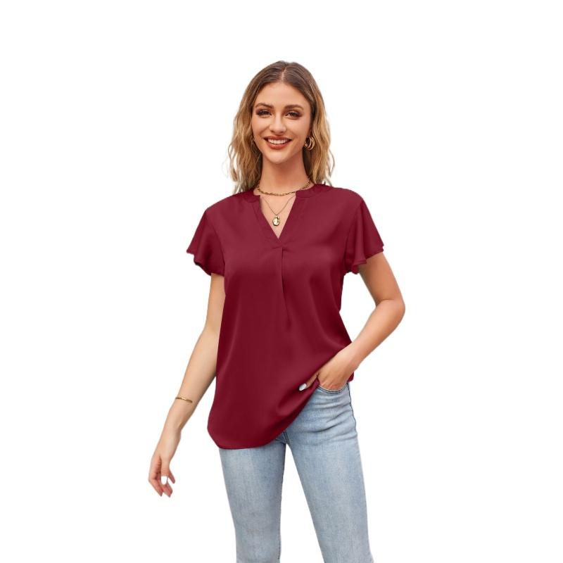 Summer T-shirt European and American New Product Women's Satin V-neck Ruffle Sleeve Fashion Office Work Top S-2XL