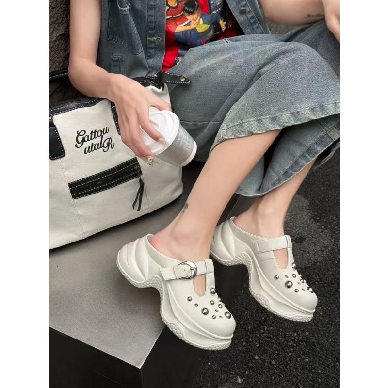 Fashion leather outer wear round head hole shoes women's new thick sole height increase small rivet hollow bag head drag