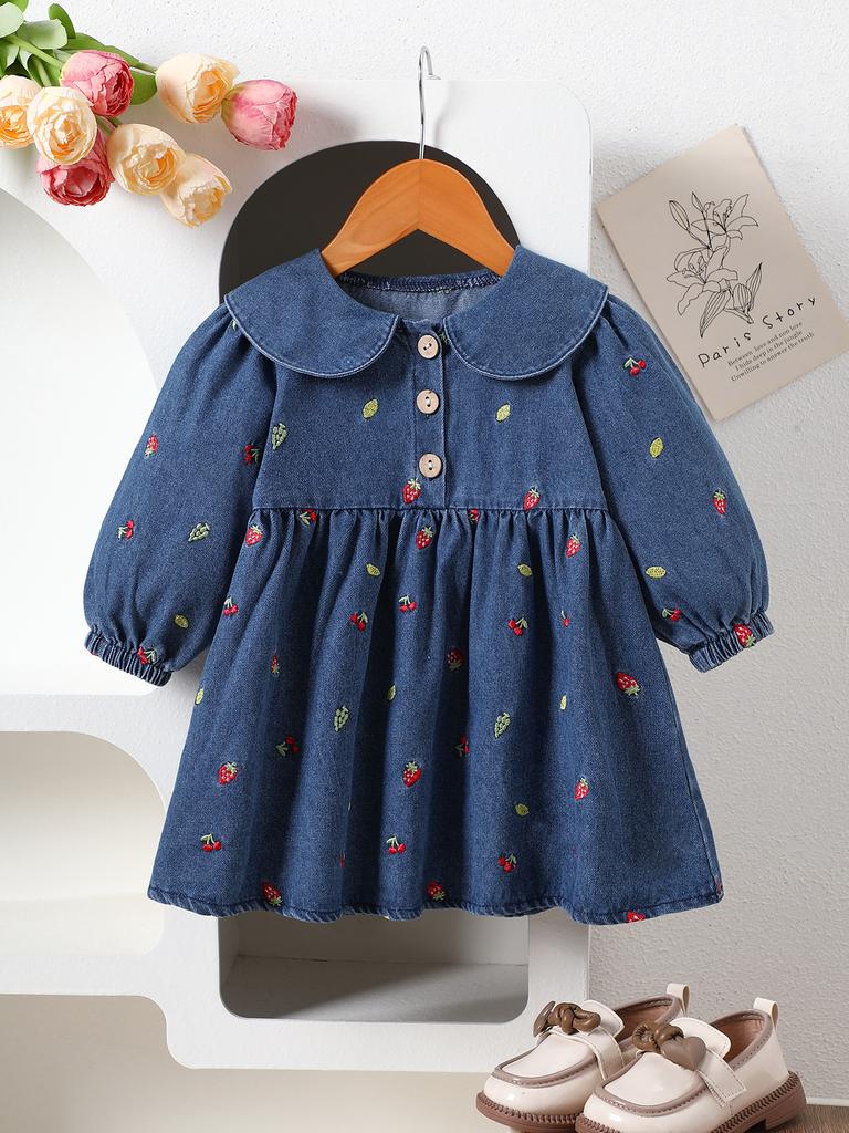Girls Strawberry Embroidered Denim Dress Peter Pan Collar Princess Casual Spring Autumn Jean Dress For Kids