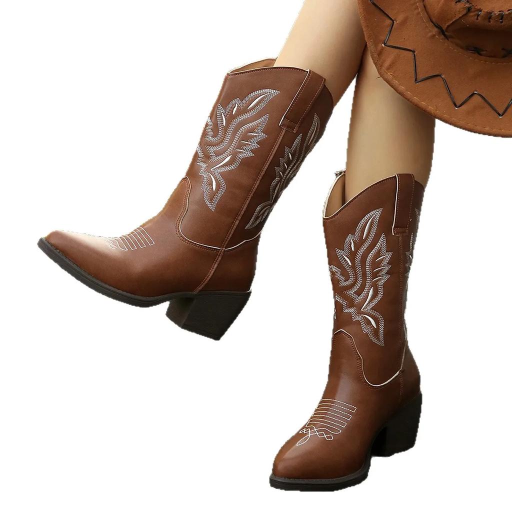 Women Boots Cowboy Boots Women Vintage Brown Embroidered Pointed Toe Brown Long Boots Chunky Mid Calf Women Shoes