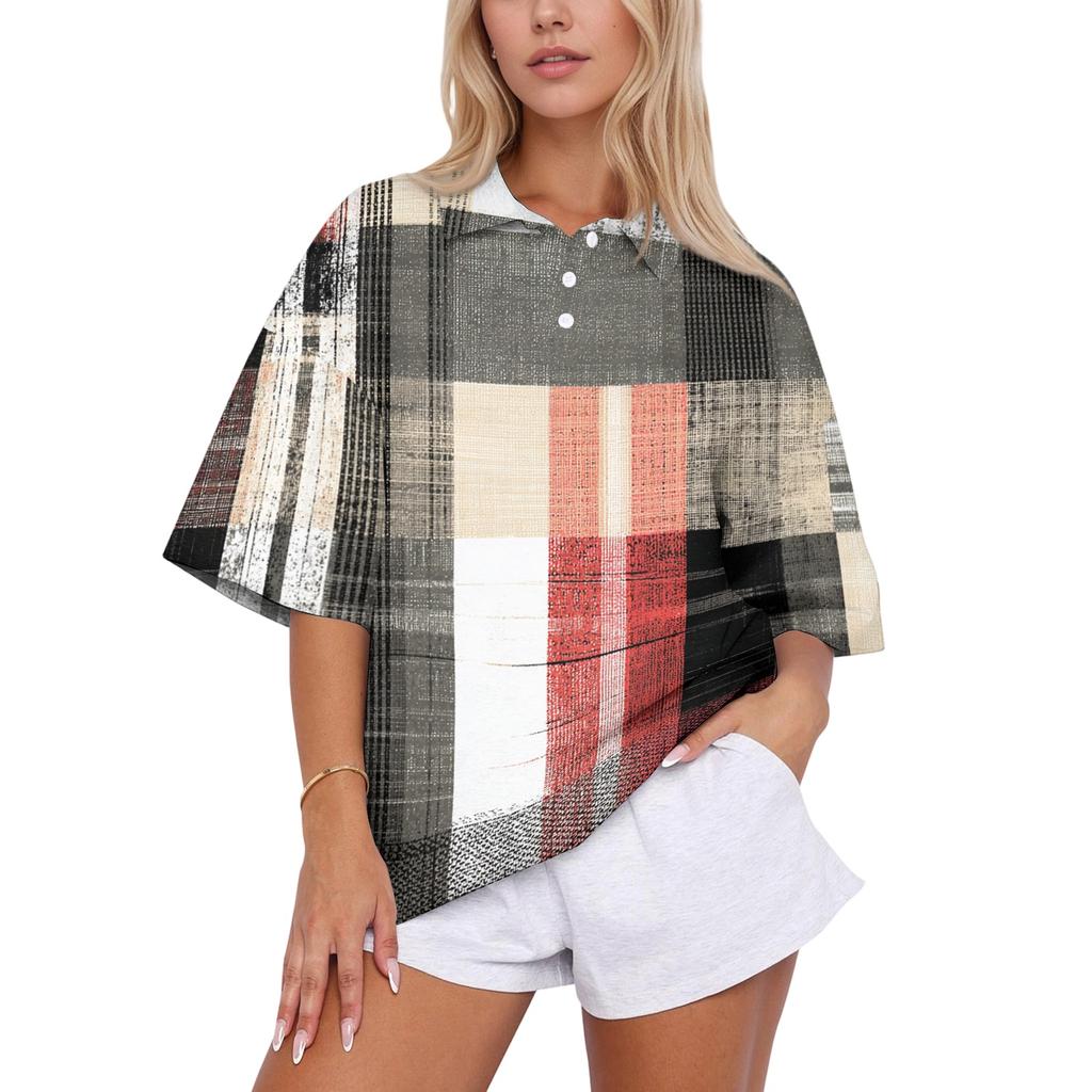 Women's Casual Polo Collar Loose Fit Shirt Short Sleeve Button Down Plaid Pattern Lightweight Top for Everyday Wear