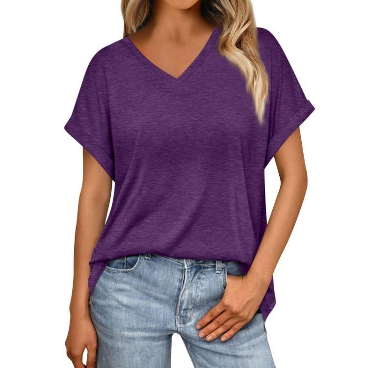 Damen Sommer V-Ausschnitt T-Shirt Locker Kurzarm Einfarbig Mode Top