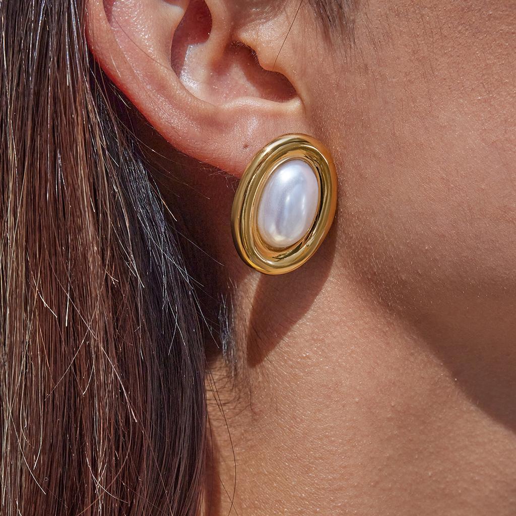 Youthway Luxury Style Oval Resin Pearl Earrings Stainless Steel Gold Color Plated Earrings Daily Commuter Jewelry Gift