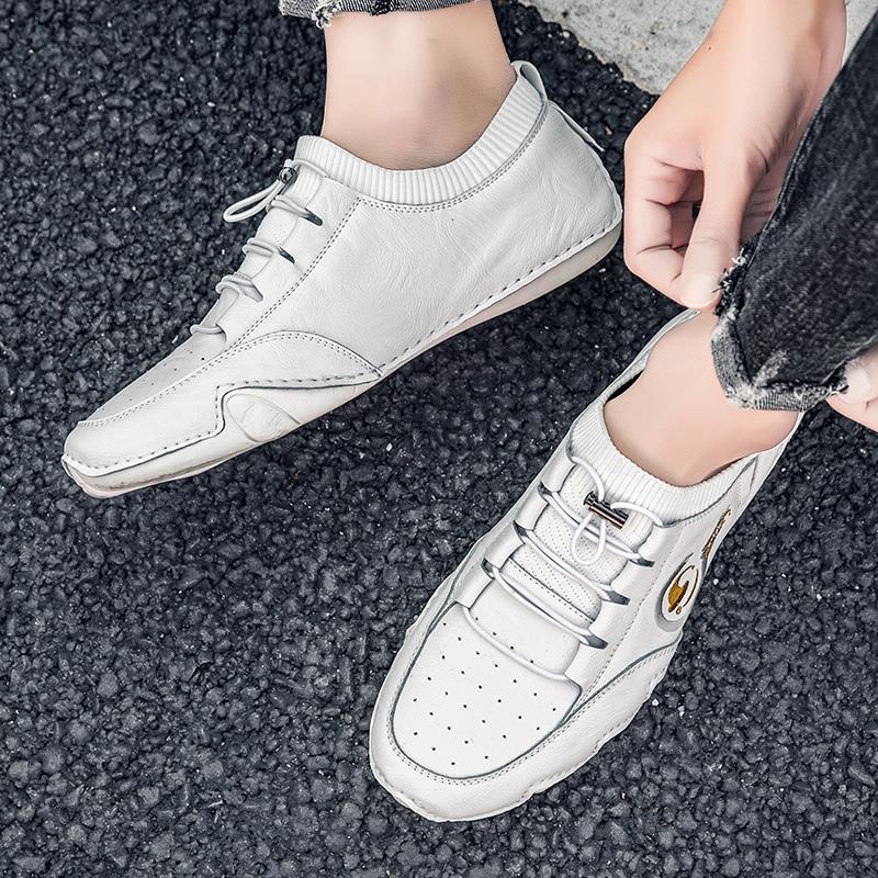 Popular Leather Sock Shoes Fashion White Sneakers For Men Casual Mens Shoes Genuine Leather Breathable Outdoor Shoes Man Loafers
