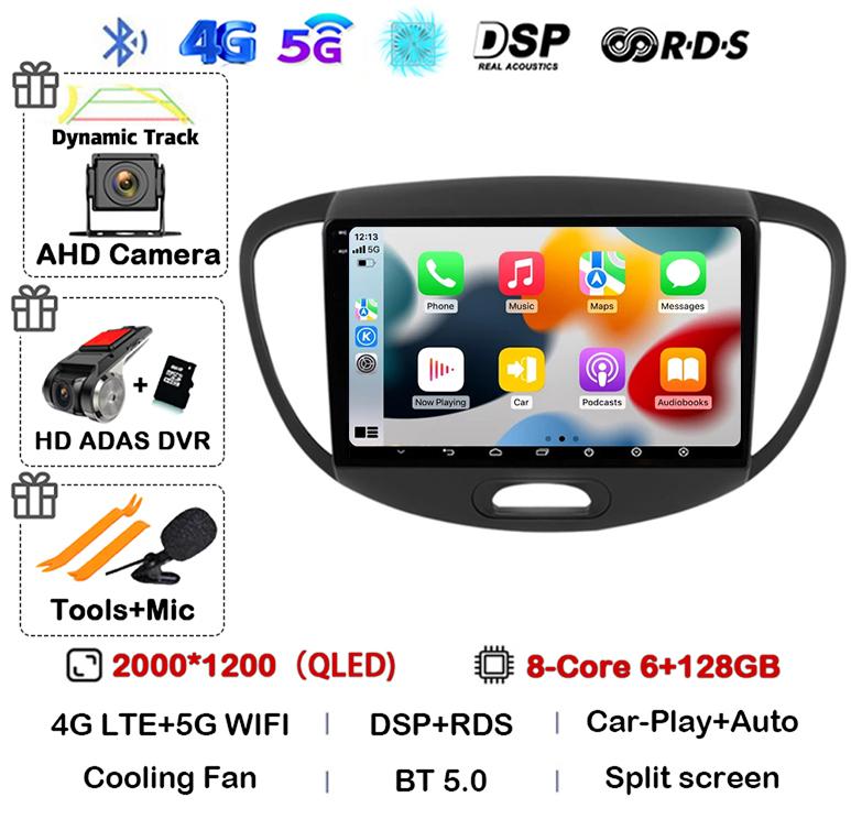 Android 14 CarPlay Auto Car Radio GPS For Hyundai i10 2007 2008 2009 2010 2011 2012 2013 Multimedia Video Player Stereo WIFI+4G