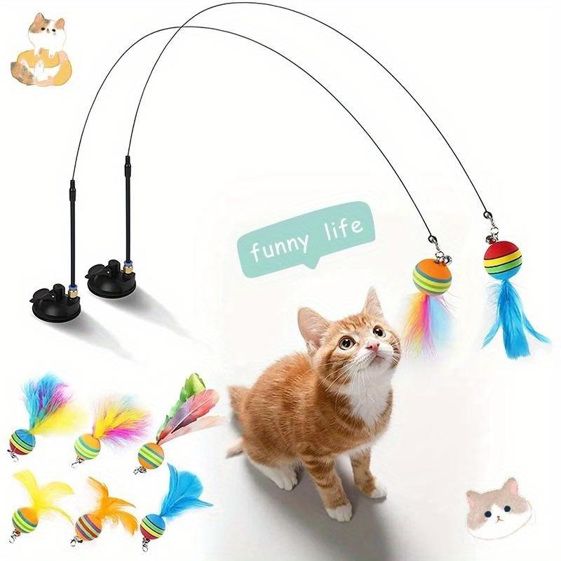 Interactive Cat Toys Kit Feather Toys with 1 Wands, 1 Suction Cups, Replacement Feather Heads for Indoor & Outdoor Play