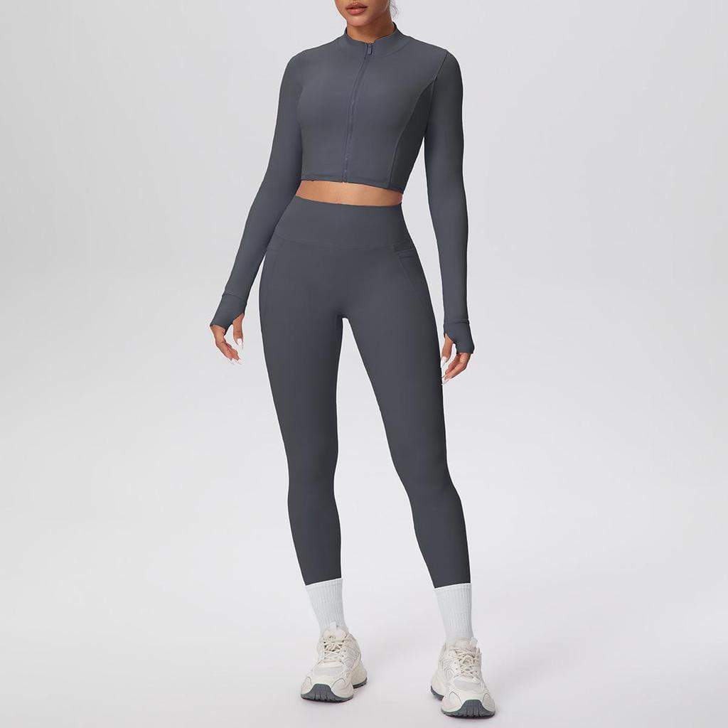 Zipper Crop Top Jacket & High-Waist Butt-Lifting Pocketed Pants Sports Set - Perfect for Yoga, Running, & Casual Fitness.