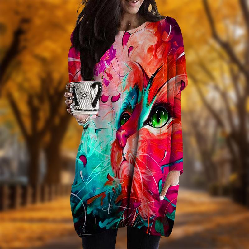 New In Autumn Cat Universe Print Plus Size Dress Women O'neck Long Sleeves Casual Pocket Dresses