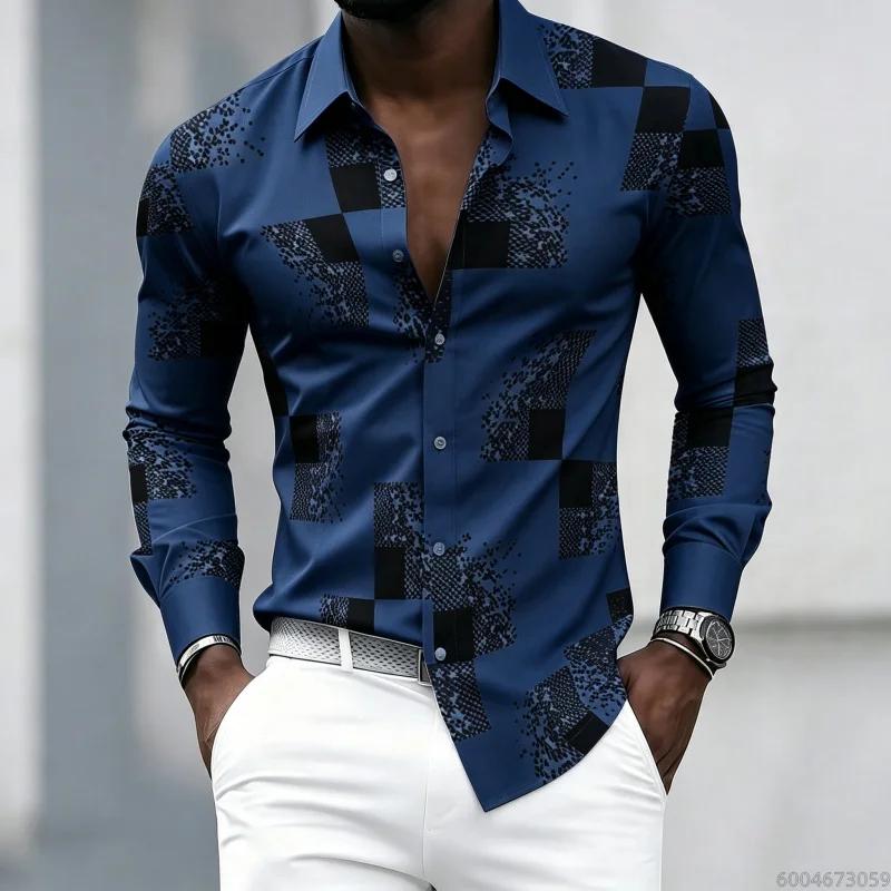 Men's Black and White Patchwork Block Fragment Printed Long Sleeved Shirt, Men's Slim Fit Trend Lapel, Business Casual Shirt