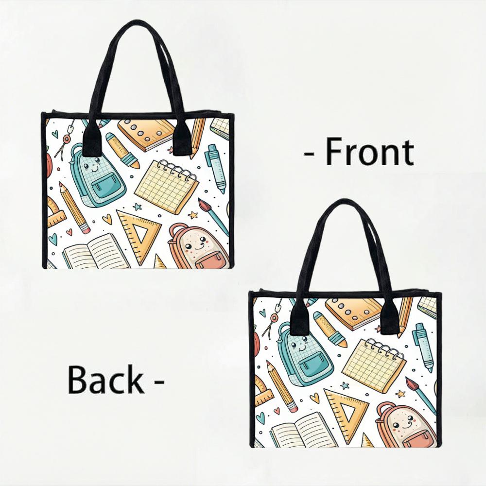 Cute School Stationery Pattern Tote Bag Daily Use Portable Reusable Shopping Shoulder Bag for Students Women