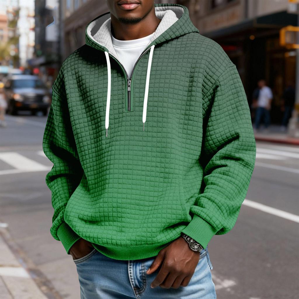 Men's Half-Zip Hooded Plaid Pullover Drawstring Print Casual Sports Sweatshirt