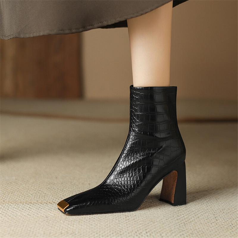 Fashion New Autumn Winter Split Leather Women Boots Fashion Metal Square Toe Short Boots for Women High Heels Ladies Shoes Zapatos Mujer