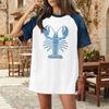 Women Casual Denim Patchwork Short Sleeve T Shirt Summer Spring Fashion Comfortable Loose Fit Crew Neck Top with Lobster Print