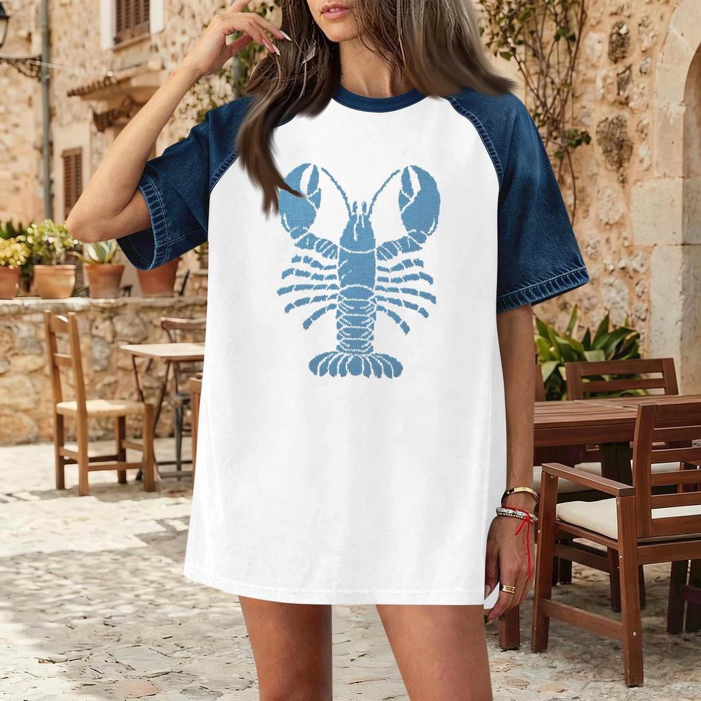 Women Casual Denim Patchwork Short Sleeve T Shirt Summer Spring Fashion Comfortable Loose Fit Crew Neck Top with Lobster Print