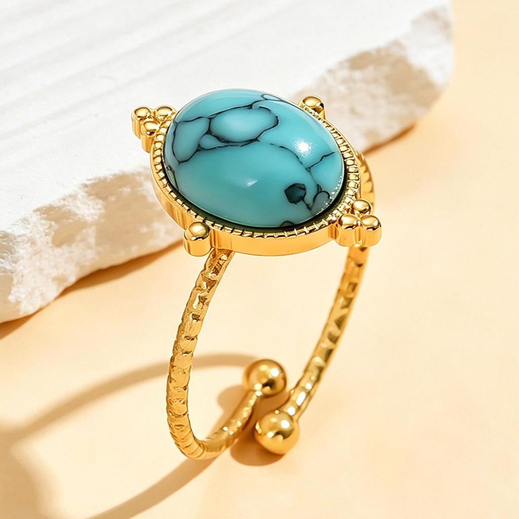 European & American Stainless Steel Retro Geometric Gemstone Ring - Adjustable Open Design for Women