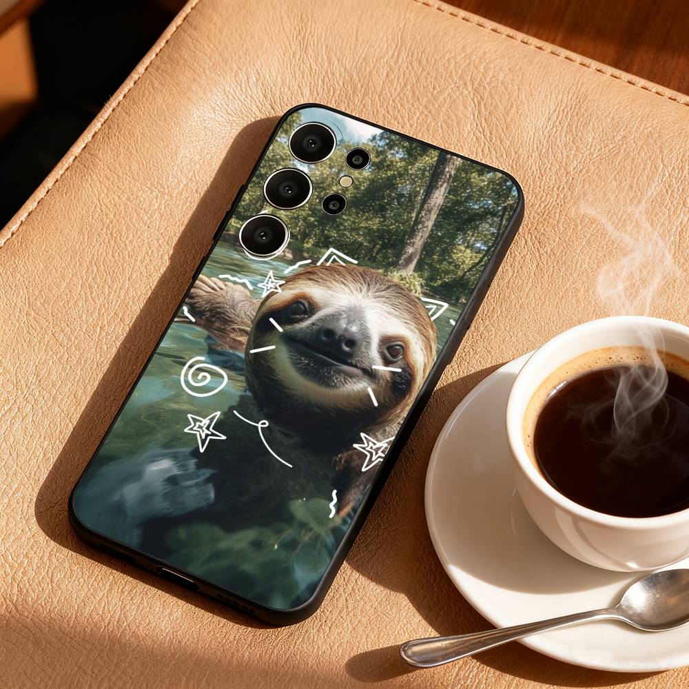 Cute Lazy Sloth Cozy Phone Case For Samsung S26,S25,24,23,22,30,21,10,9,Ultra,Plus,Lite,FE Soft Black Case