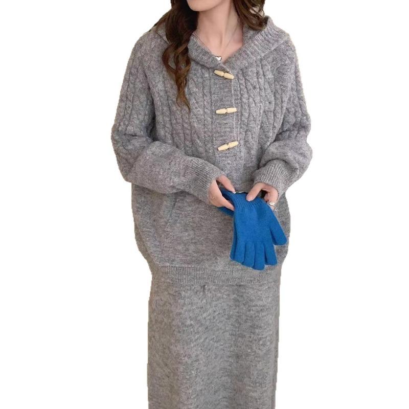 Loose casual horn buckle knitted jumper skirt two-piece set for women's autumn and winter large-size hooded sweater set for women