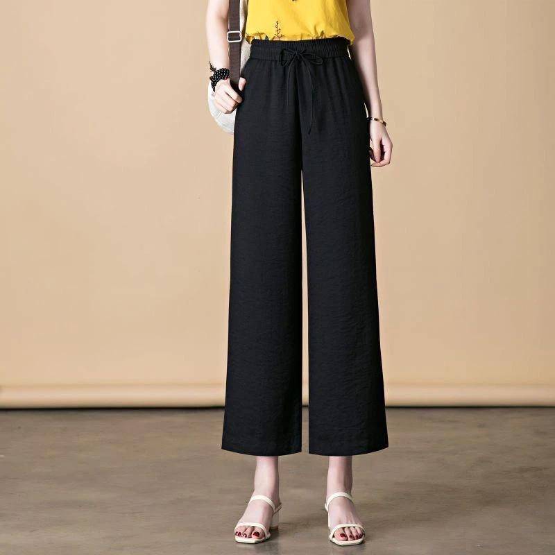 

Womens Solid Color Elastic Waist Cropped Wide Leg Pants L чёрный