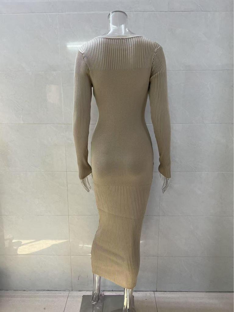 Damen Langarm Herbst/Winter Woll Bodycon Kleid - Gestrickt, Gerippt, Einfarbig, Rundhals