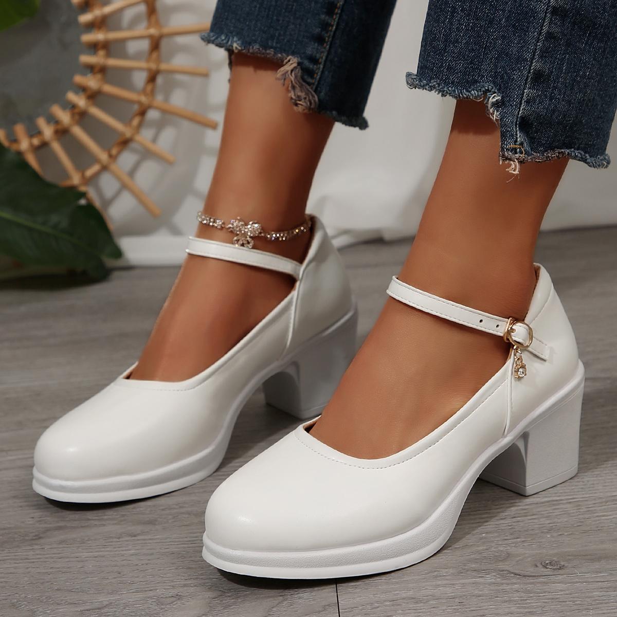 

Женские белые туфли-лодочки на толстом каблуке с круглым носком и ремешком на щиколотке, туфли Мэри Джейн для женщин 2025 года, элегантные туфли на высоком каблуке для офиса, большие размеры 39 белый