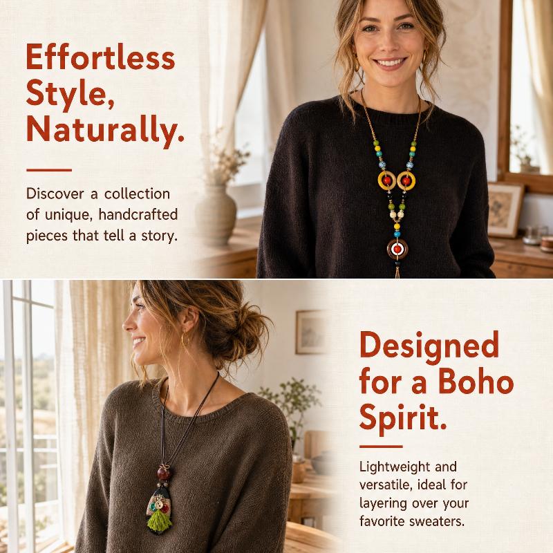 Boho Wooden Beaded Long Necklace Collar Decoration Female Jewelry Neck Accessories Ethnic Style Handmade Pendant Sweater Chain