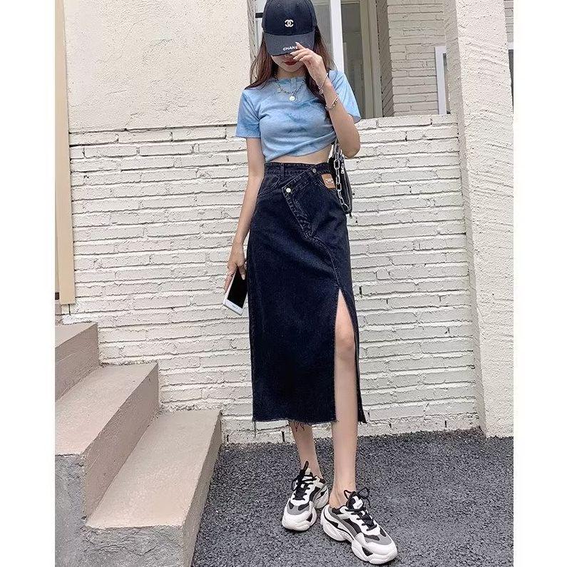 Summer 2023 Women's High Waist Side Slit Denim A-Line Skirt