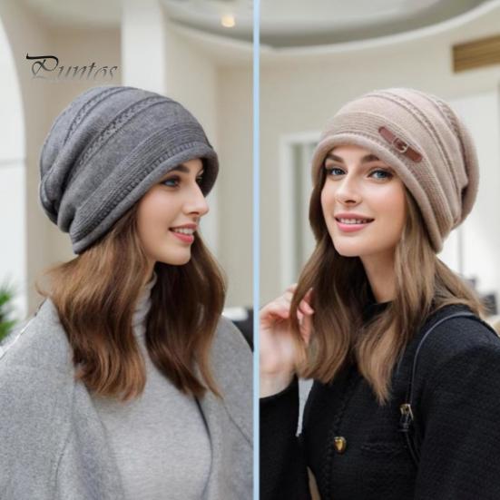 Wintermütze für Damen, dick gestrickt, winddicht, mit Plüsch gefüttert, hält warm, Ohrenschutz, elastische Baggy-Kappe, Outdoor-Mütze für den Schulweg