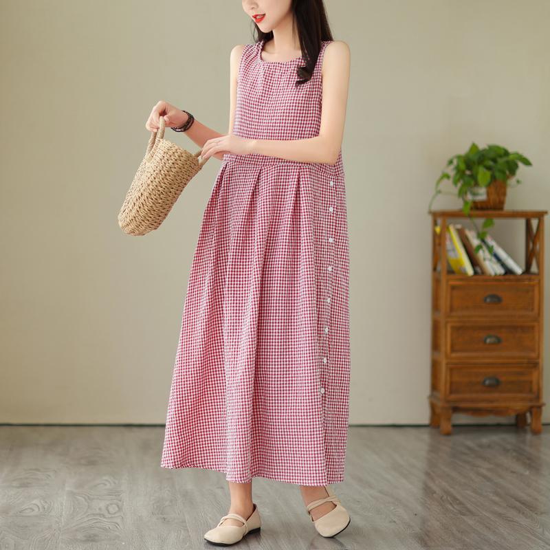 

DIMANAF клетчатая юбка без рукавов с круглым вырезом, лето 2023, новое длинное платье из хлопка и конопли, маленькое праздничное платье с дизайном Sense