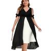 Spring and Summer New Style Large-Sized Short-Sleeved V-Necked Patchwork Fake Two-Piece Irregular Pearl Sleeveless Dress for Women