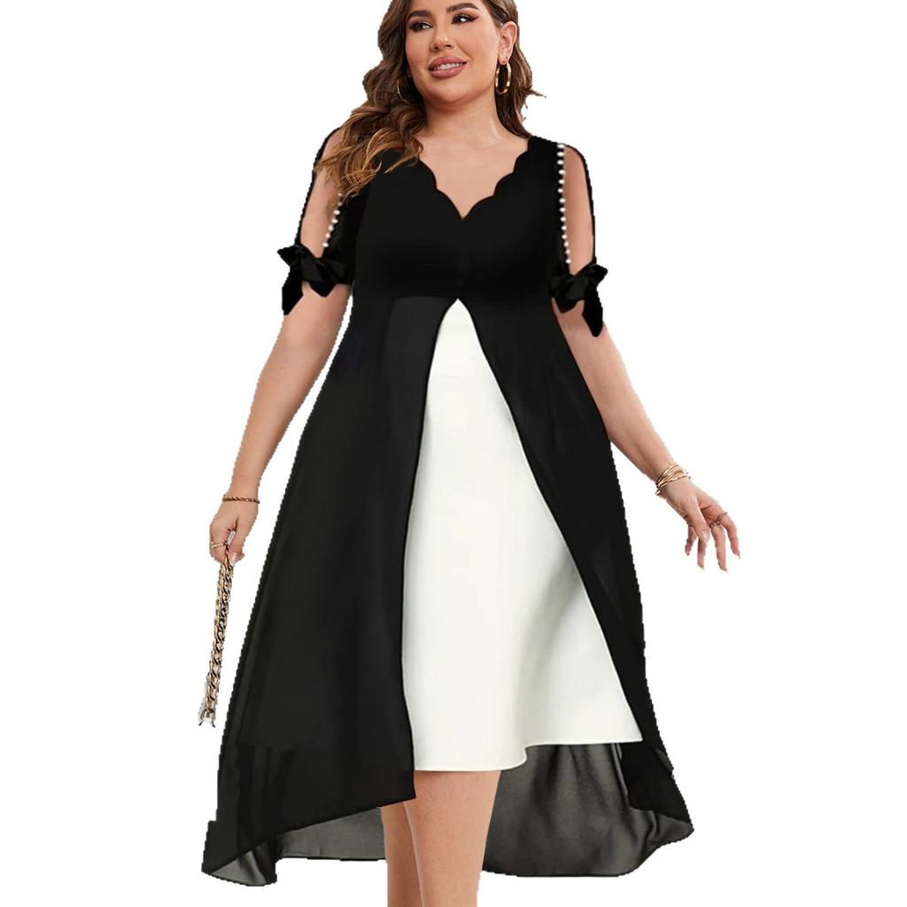 Spring and Summer New Style Large-Sized Short-Sleeved V-Necked Patchwork Fake Two-Piece Irregular Pearl Sleeveless Dress for Women