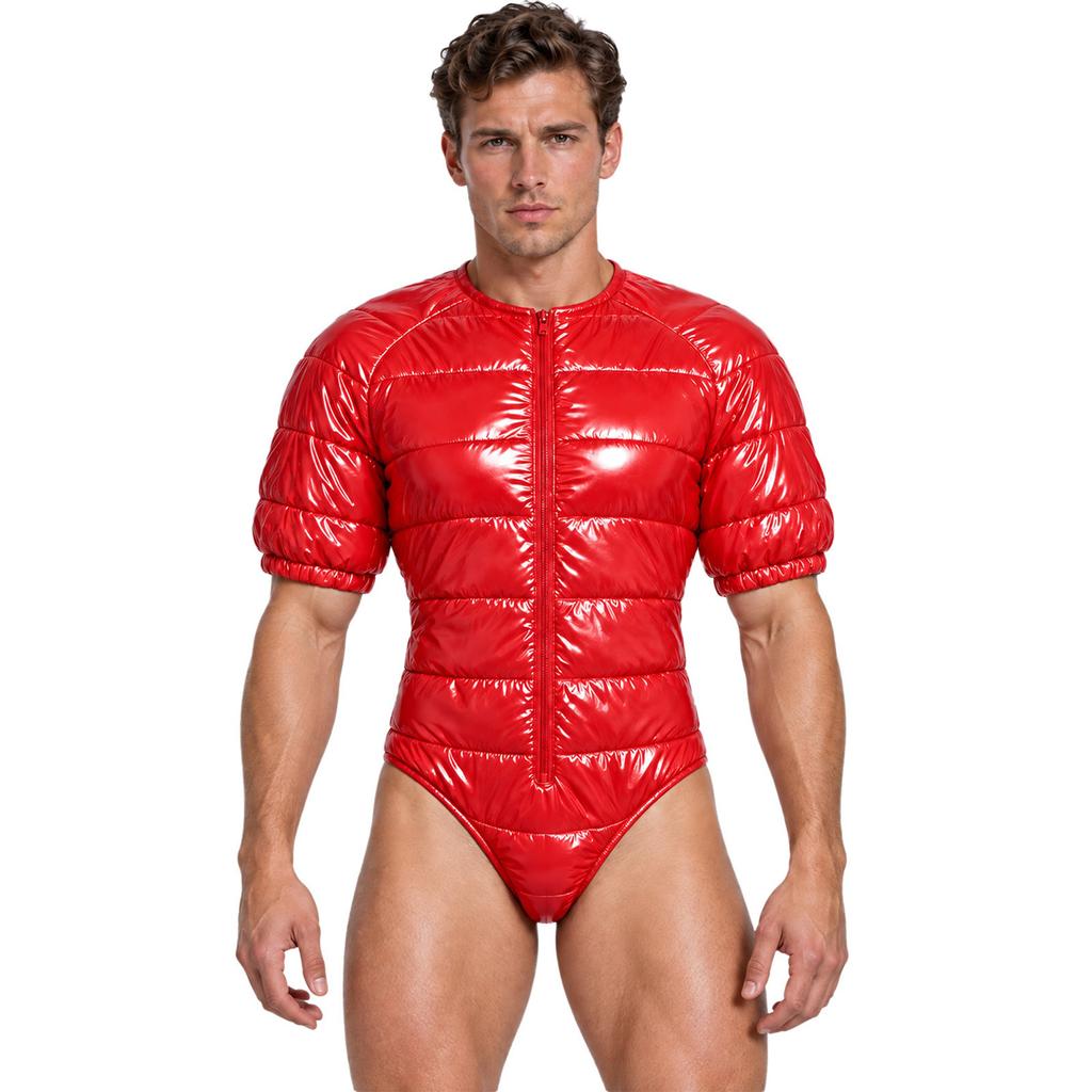 Mens Water Resistant Padded Short Sleeve Bodysuit Zipper Front Round Neck Leotard for Outdoor Sports Daily Casual Wear Travel