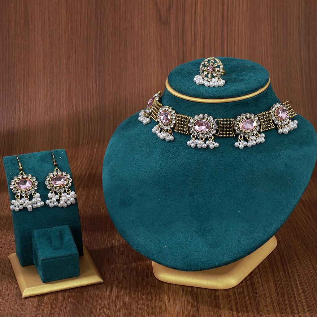 Bohemian Style Diamond-Set Colored Diamond-Set Fringed Necklace, Retro Court Style Earrings, Rings, Jewelry Set, Women