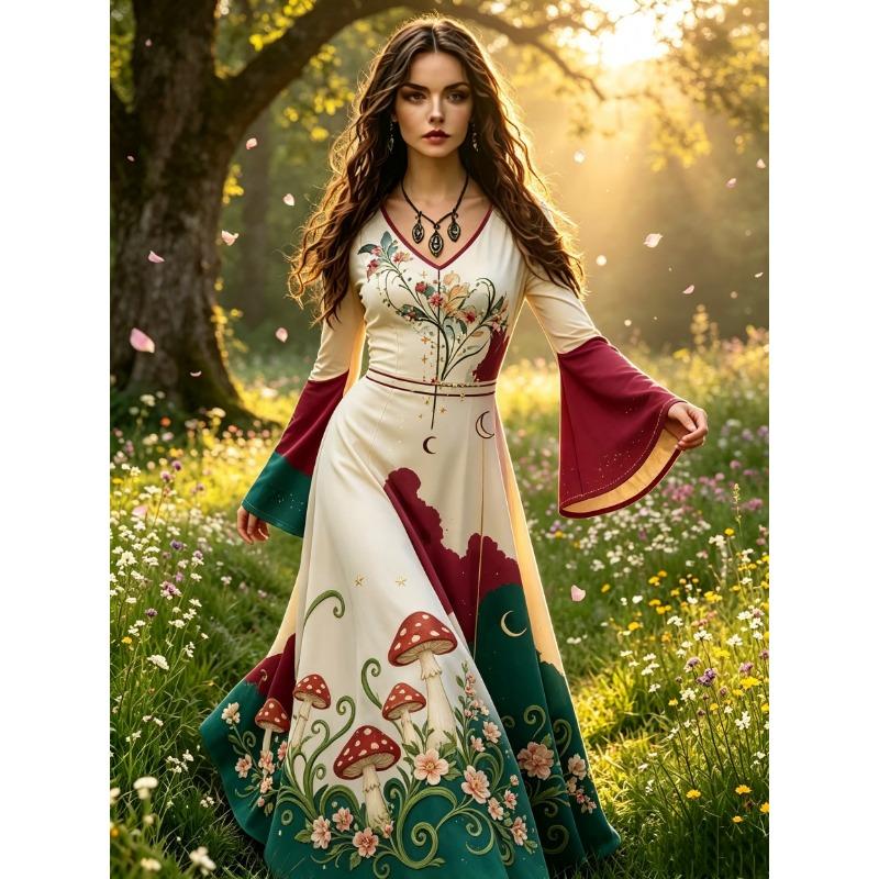 Vintage Sakura Ocean Wave Medieval Maxi Dress, Bell‑Sleeve V‑Neck Bohemian Elf Gown for Renaissance Themed Cosplay Party