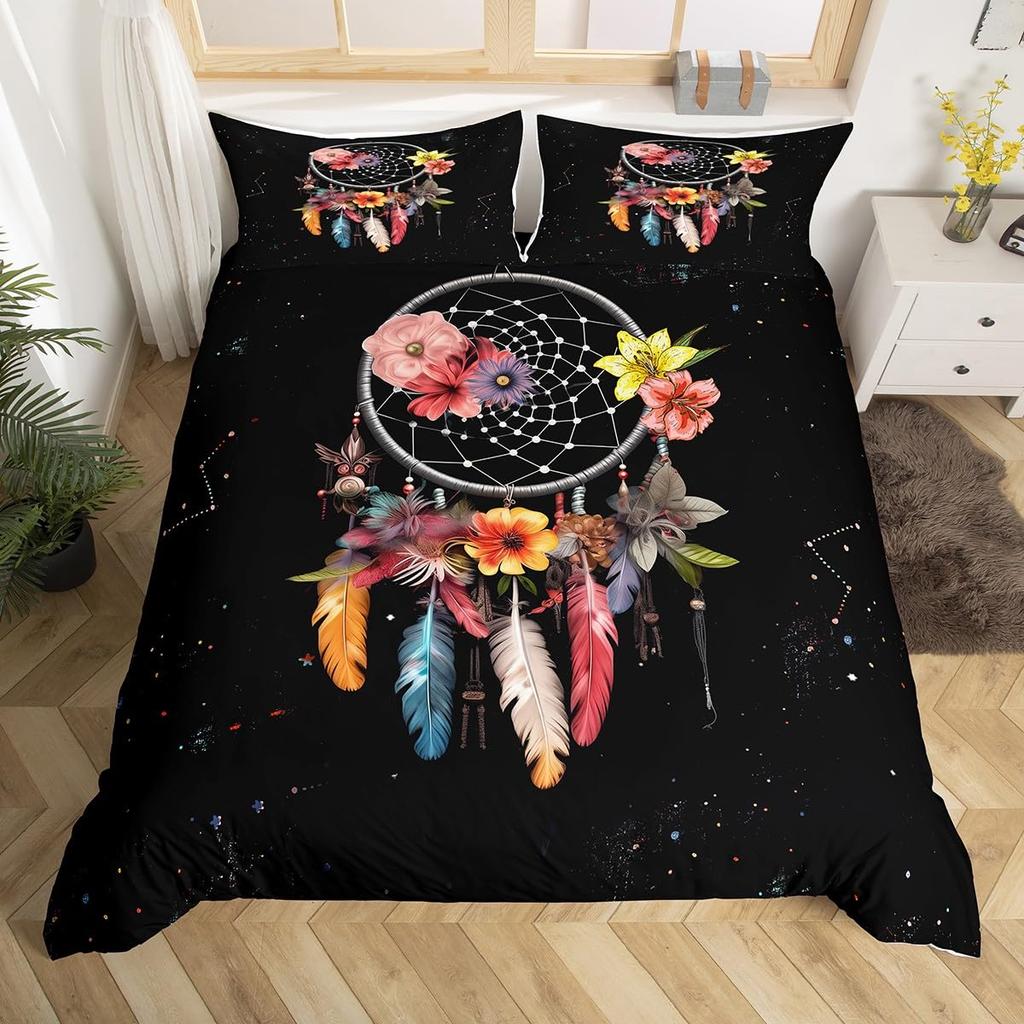 Bohemian Soft Duvet Cover Set Dreamcatcher Geometric Feather Print Beding Set King Quen Sized Dimensions Rom Decor Microfiber Warm Comforter Cover