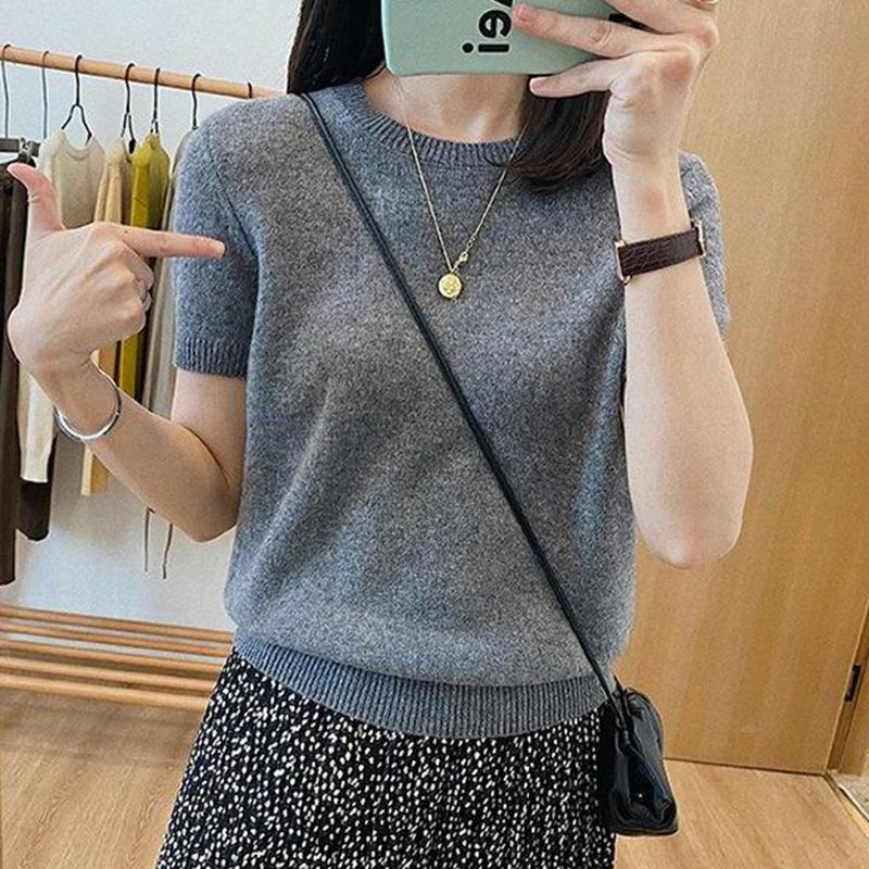 Spring And Summer Candy Short Sleeve T-shirt Women O-neck Slim Office Lady Knitted T Shirt Fashion Base Sweater Tshirts 18854