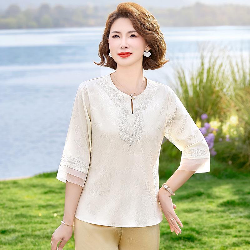 

Apricot Jacquard Crew Neck Women s Three-Quarter Sleeve Top - Spring 2026 New Chinese Style, Plus Size, Light Luxury Trendy Fashion. 3XL [Suggested 120-135 lbs] покинуть белый