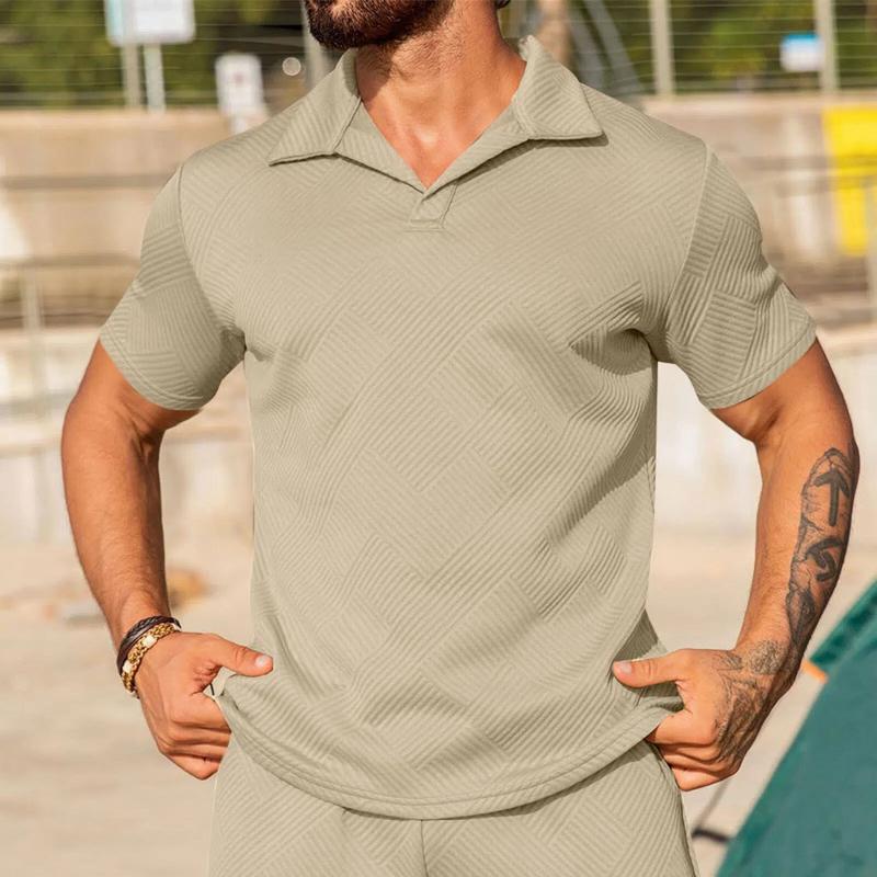 Men Textured Solid Polo Shirt Turn Down Collar Short Sleeve Casual Slim Fit Daily Sport Fashion Tops