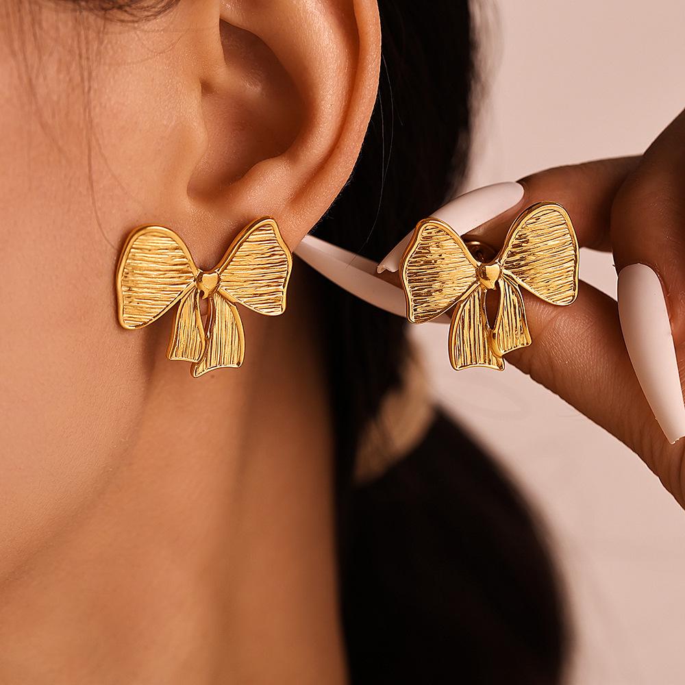 Qiong Yao European Style Bow Stud Earrings, Stainless Steel, Colorfast, Hypoallergenic, Simple Design for Women