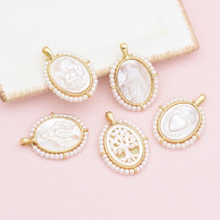 Fashionable Virgin Marys Necklace Charm with Sturdy Brass Materials and Mother of Pearls Shell Detailing Daily Use